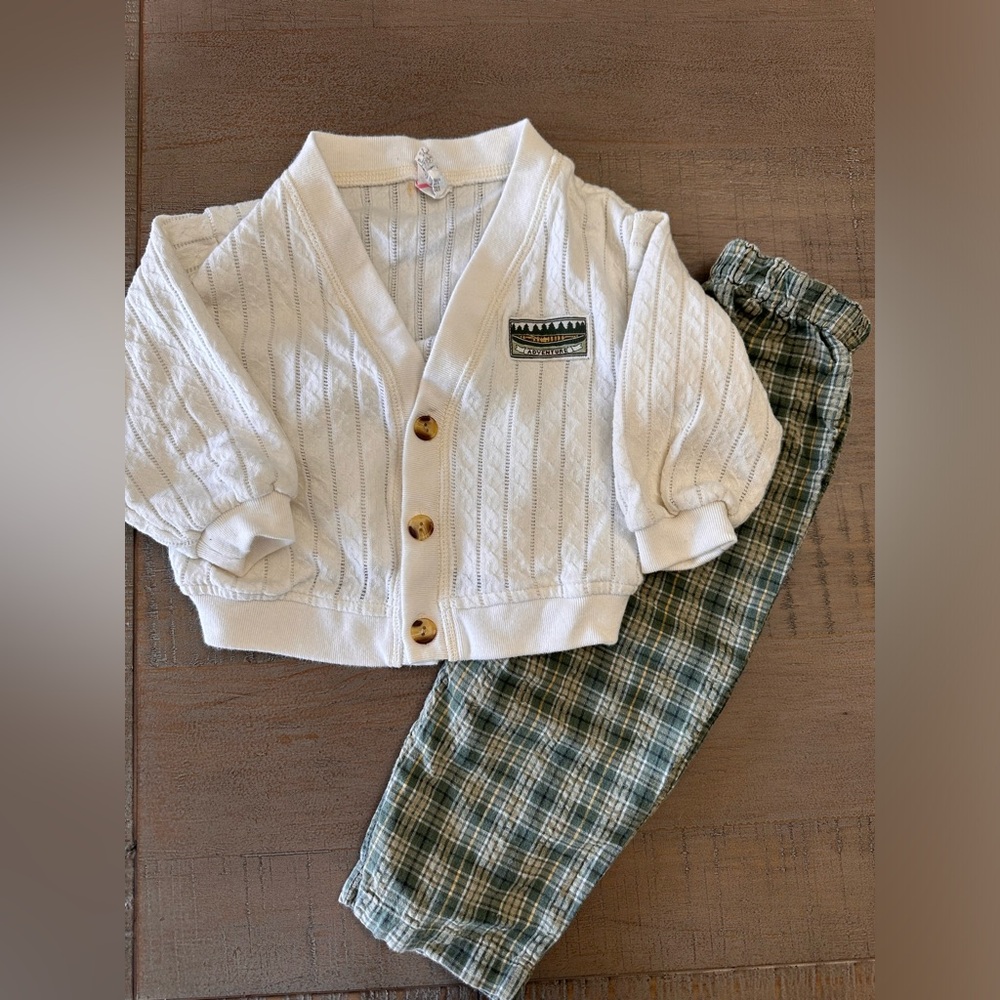 Stylish White Cardigan and Plaid Pants Set